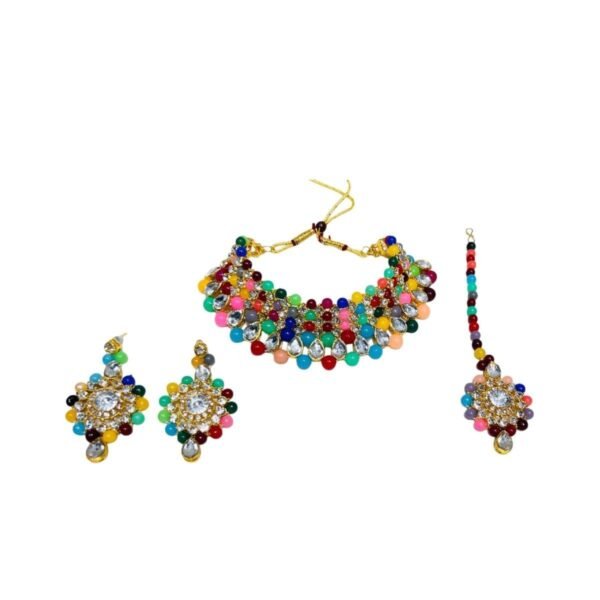 ACCESSHER Multicolor Beaded Kundan Statement Choker Necklace Set with Earrings & Maangtika - Fast Shipping to USA & Canada