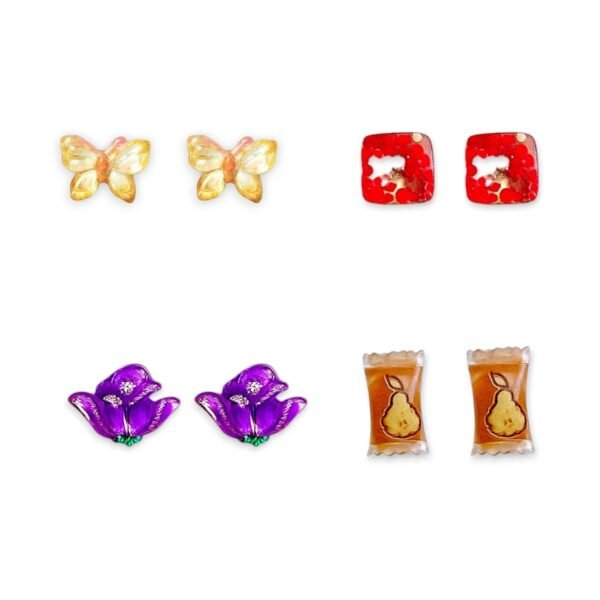 ACCESSHER Earring Stud Combo Set - Square, Floral & Butterfly Designs (Pair of 4) - Fast Shipping to USA & Canada