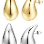 Shining Diva Fashion 2 Pairs Combo Celebrity Inspired Stylish Gold Silver Plated Teardrop Earrings Dupes for Women Girls Teenagers Trending Oversized Lightweight Statement Waterdrop Earrings - Fast Shipping to USA & Canada
