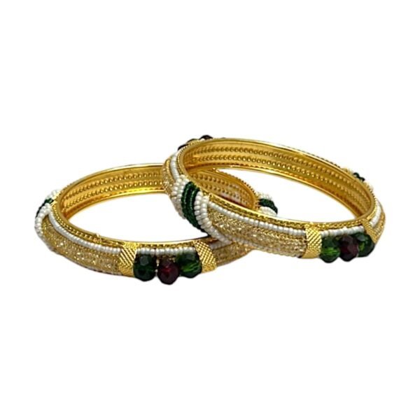 ACCESSHER Gold-Plated Traditional Bangle Set with Green & Red Beaded Stones, Faux Pearls, and Rhinestone Detailing Accessory for Every Occasion (Pack of 2) - Fast Shipping to USA & Canada