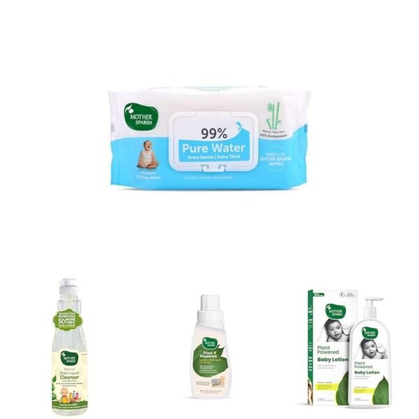 Mother Sparsh Combo of 99% Pure Water Baby Wipes-72pcs with Baby Bottle Liquid Cleanser 500ml, Plant-Powered Baby Liquid Detergent 1Ltr, Plant-Powered Baby Lotion 400ml - Fast Shipping to USA & Canada