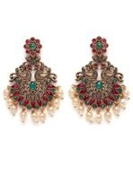 Karatcart Antique Gold Plated Red and Green Kundan Studded Dangler Earrings for Women - Fast Shipping to USA & Canada - Image 2