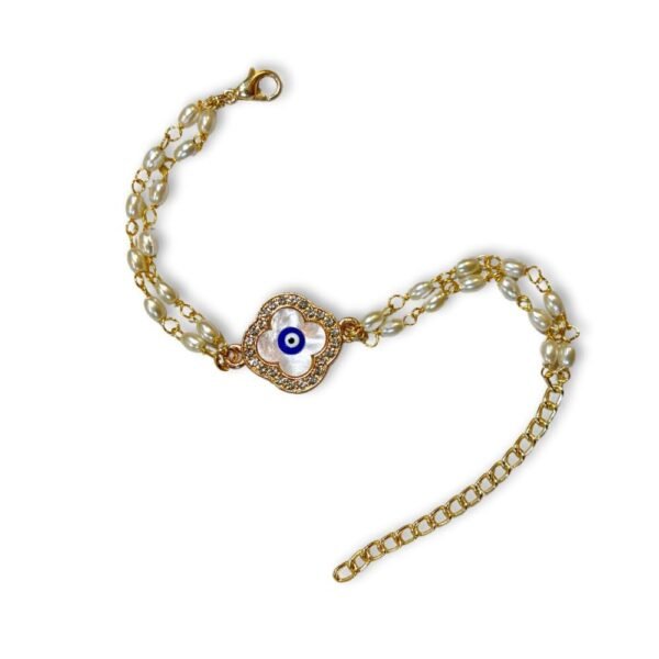 PRADHAN ACCESSORIES Clover Evil Eye Bracelet for Women, Anti-Tarnish, Diamond Studded, 2-Layered Gold Plated Pearl Bracelet, Adjustable, Handcrafted, Lightweight Jewellery for Daily Use, Gifting - Fast Shipping to USA & Canada