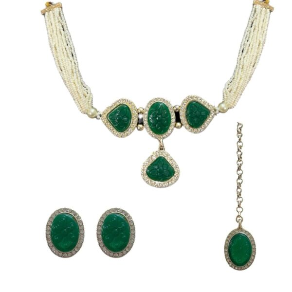 ACCESSHER Multistrand Pearl Choker Set with Earrings & Maang Tikka - Fast Shipping to USA & Canada