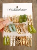 Shining Diva Fashion 15 Pairs Combo Latest Trendy Stylish Celebrity Inspired Pearl Gold Plated and Leopard Print C Shaped Geometric Hoop Earrings for Women and Girls - Fast Shipping to USA & Canada - Image 3