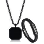 Fashion Frill Valentine Gift For Boyfriend Silver Chain For Men Stainless Steel Square Silver Pendant With Black Leather Bracelet For Men Boys Love Gifts Combo - Fast Shipping to USA & Canada