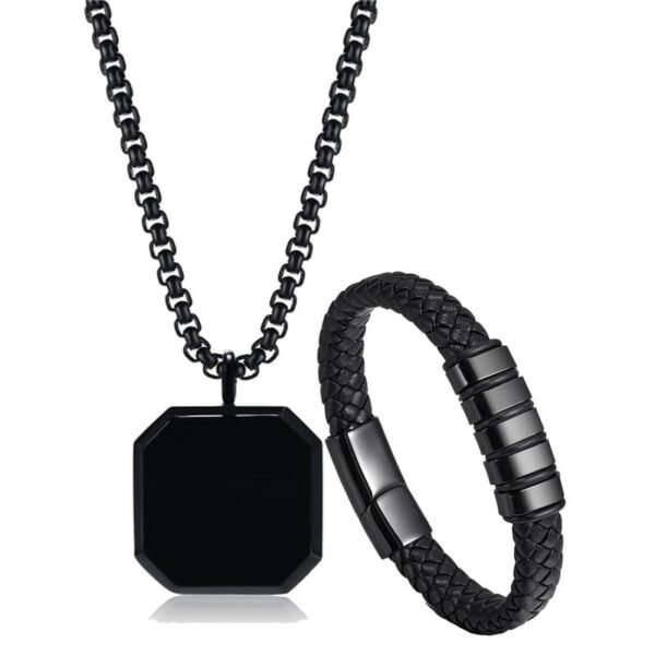 Fashion Frill Valentine Gift For Boyfriend Silver Chain For Men Stainless Steel Square Silver Pendant With Black Leather Bracelet For Men Boys Love Gifts Combo - Fast Shipping to USA & Canada