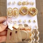 Shining Diva Fashion 11 Pairs Combo Set Celebrity Inspired Latest Trendy Stylish Gold Plated Geometric Twist Pearl Hoop Earrings for Women and Girls - Fast Shipping to USA & Canada - Image 7