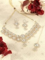 ZAVERI PEARLS Gold Tone Austrian Diamonds Artificial Stones Bridal Necklace Earring & Maangtikka Set For Women-ZPFK18555 - Fast Shipping to USA & Canada - Image 4