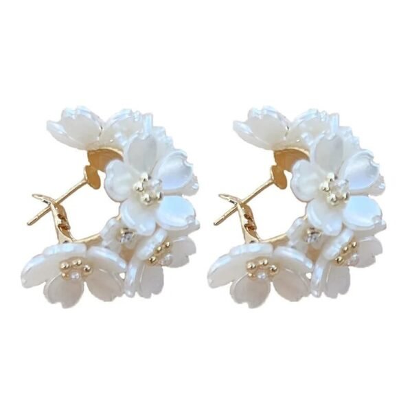 Shining Diva Fashion Latest Sweet Romantic Elegant White Flower Hoop Earrings | Stylish Shell Resin Delicate Pearl Flower Zircon Earrings | Trendy Versatile Jewellery | Light Exquisite Luxury Jewellery - Fast Shipping to USA & Canada
