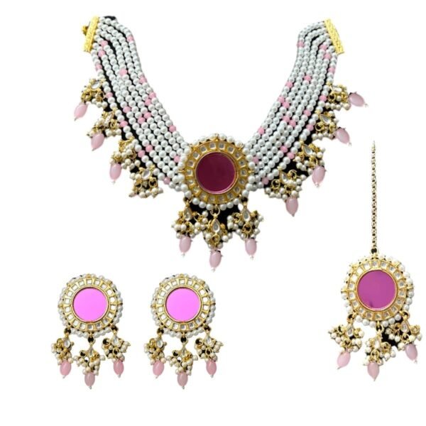 ACCESSHER Gold Plated Kundan & Pearls Statement Pink Choker Set with Earrings and Maangtikka with a Pair of Comfortable Earring Supporter | For Women & Girls - Fast Shipping to USA & Canada