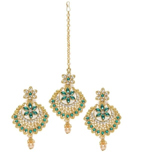 ACCESSHER Gold Plated Emerald & Kundan Maangtika with Matching Earrings - Fast Shipping to USA & Canada