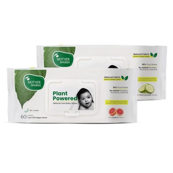 Mother Sparsh Natural Care Baby Wipes I 100% Plant Made Fabric From Forest Land | Gentle + Fresh (with Grapefruit & Cucumber) Plant Powered Wet Wipes For Baby I 60 Pcs each (Pack of 2) - Fast Shipping to USA & Canada