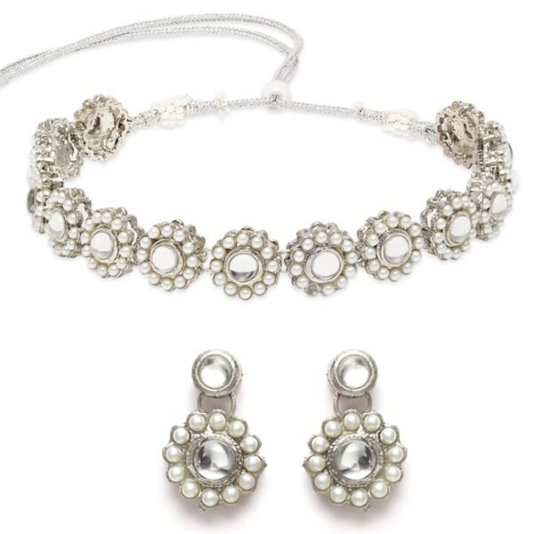 Karatcart Oxidised Silver White Kundan and Pearl Choker Necklace Set for Women - Fast Shipping to USA & Canada