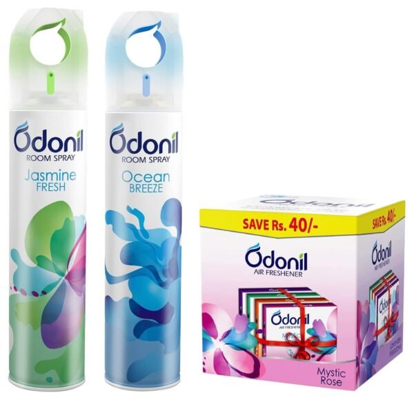 Odonil Room Freshener Spray (Pack of 2), Jasmine Fresh 220ml+Ocean Breeze 220ml & Odonil Bathroom Air Freshener Blocks Mixed Fragrances - 192g (48g*4) | Mixed Fragrances - Fast Shipping to USA & Canada