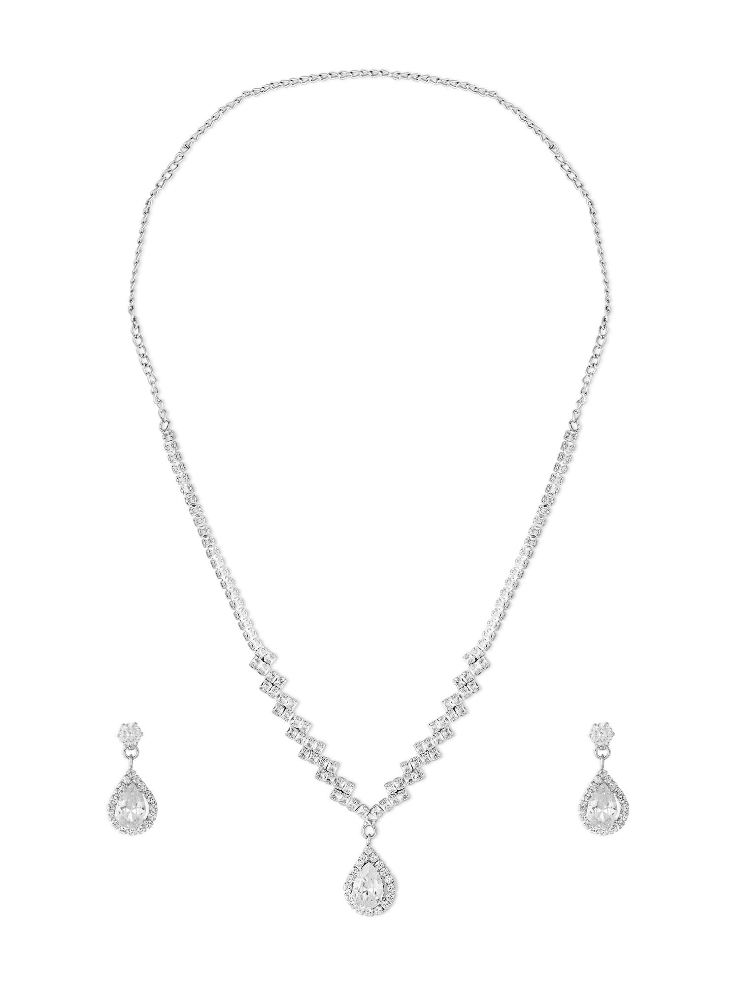 618sBa-oBDL.jpg ZAVERI PEARLS Silver Tone Dazzling Austrian Diamonds Embellished Contemporary Necklace & Earring Set For Women-ZPFK18200 - Fast Shipping to USA & Canada - Image 1
