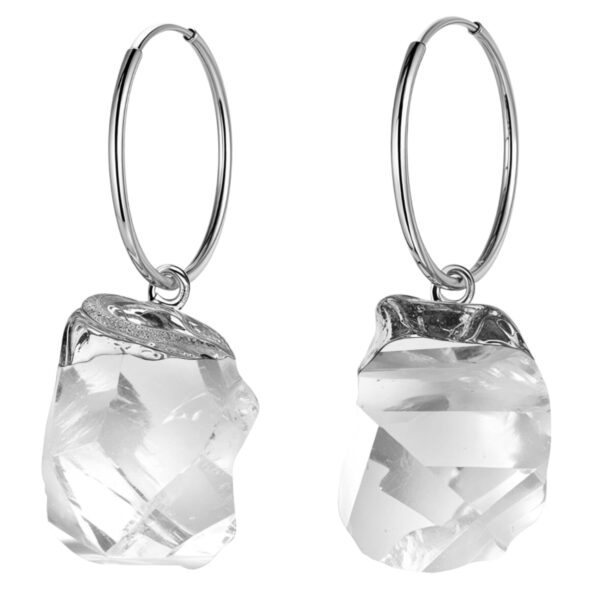 HIGHSPARK 925 Silver Raw Gemstone Hoop Earrings Clear Quartz - Fast Shipping to USA & Canada