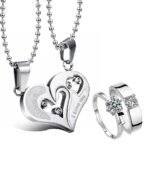 Fashion Frill Designer Silver Chain and Ring - Stainless Steel Heart Shape Pendant for Boys and Girls - Couple Necklace and Finger Ring - Best Valentine and for Women - Fast Shipping to USA & Canada