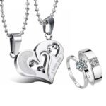 Fashion Frill Designer Silver Chain and Ring - Stainless Steel Heart Shape Pendant for Boys and Girls - Couple Necklace and Finger Ring - Best Valentine and for Women - Fast Shipping to USA & Canada