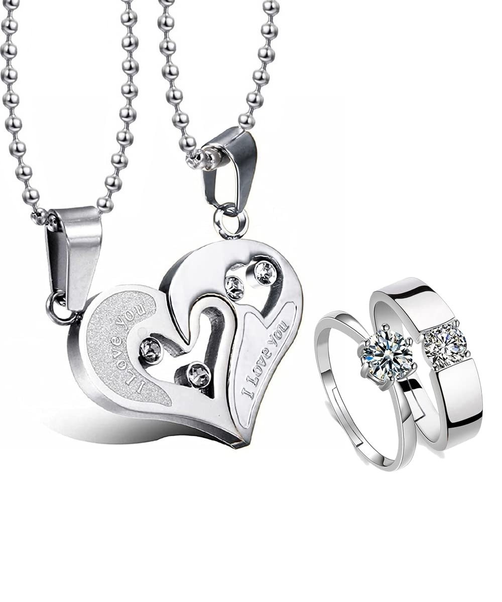 61CbS8hCHjL.jpg Fashion Frill Designer Silver Chain and Ring - Stainless Steel Heart Shape Pendant for Boys and Girls - Couple Necklace and Finger Ring - Best Valentine and for Women - Fast Shipping to USA & Canada - Image 1
