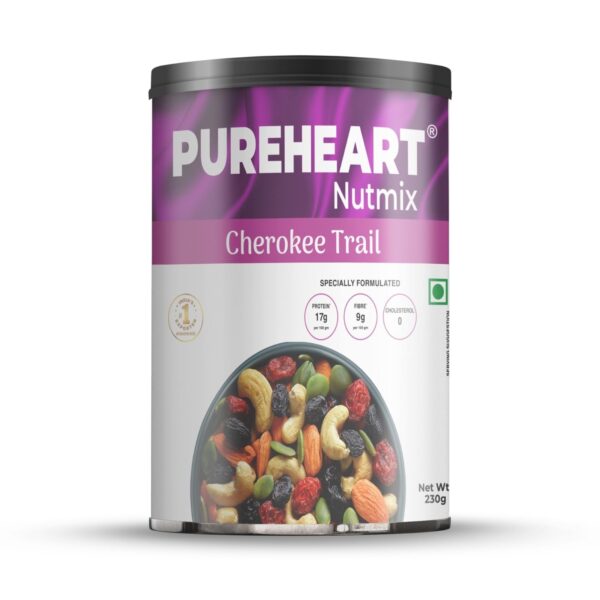 Pureheart Cherokee Premium Trail Mix | An Eclectic Mix of 8 Healthy Superfoods Nuts- Cashews, Almonds, Pistachio | Dry Fruits - Cranberries, Raisins | Seeds - Pumpkin, Sunflower | Reusable Jar (230gm) - Fast Shipping to USA & Canada