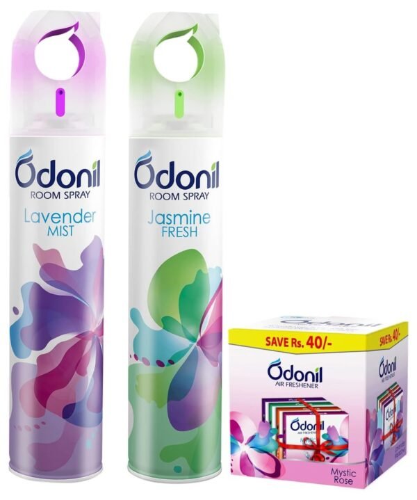 Odonil Air Freshener Spray- Lavender Mist And Jasmine Fresh (Pack Of 2, 220Ml Each) | Long-lasting Fragrance & Bathroom Air Freshener Blocks Mixed Fragrances - 192G (48G*4) | Mixed Fragrances - Fast Shipping to USA & Canada