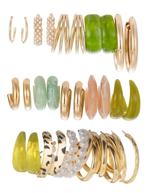 Shining Diva Fashion 15 Pairs Combo Latest Trendy Stylish Celebrity Inspired Pearl Gold Plated and Leopard Print C Shaped Geometric Hoop Earrings for Women and Girls - Fast Shipping to USA & Canada