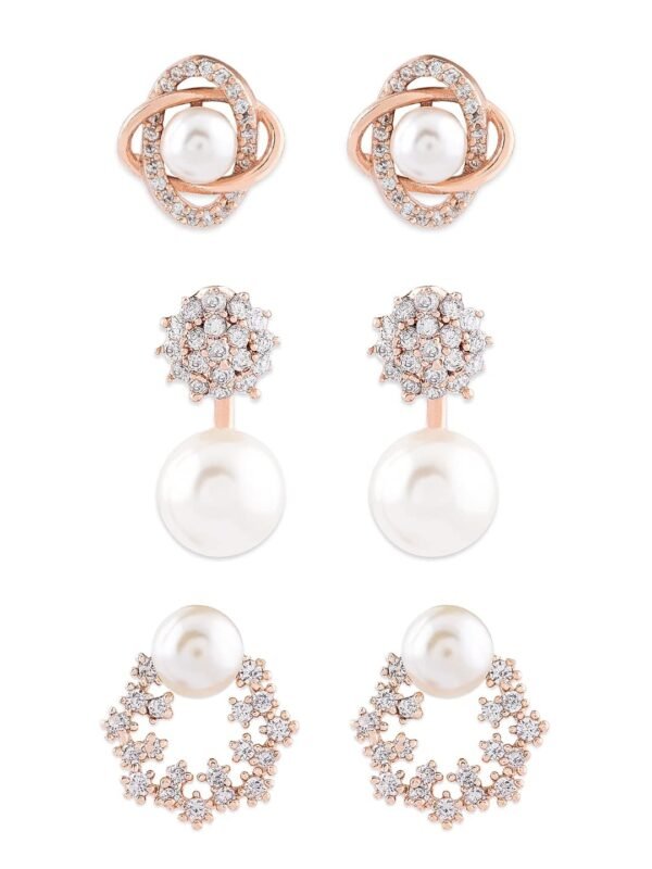 Zaveri Pearls Combo of 3 Cubic Zirconia & Pearls Contemporary Stud Earrings For Women-ZPFK10381 - Fast Shipping to USA & Canada