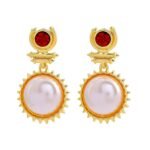 Estele Gehena - Gold Tone White Zinc Ruby Curved Arrow Pearl Dangle Earrings For Women - Fast Shipping to USA & Canada