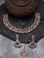 Sukkhi Rose Gold Rainbow Stone Collar Necklace Set with Maangtikka - Fast Shipping to USA & Canada - Image 4