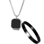 Fashion Frill Silver Chain For Men Stainless Steel Square Silver Chain Pendant with Black Kada Bracelet For Men Boys Stylish Mens Jewellery - Fast Shipping to USA & Canada