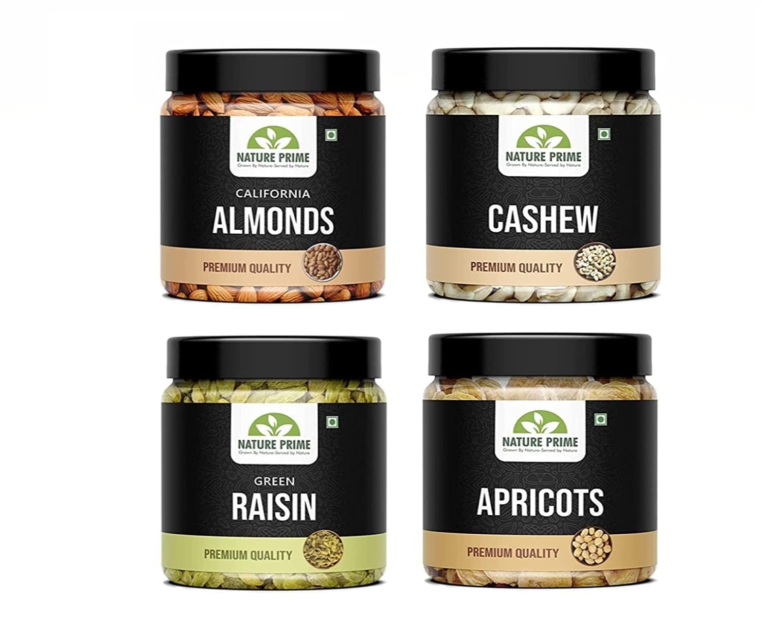 61RjC1grvpL.jpg Nature Prime Fresh and Healthy Premium Nuts Dry Fruits Combo Pack of Almond, Cashew, Raisin, Apricot Jar Pack (200g * 4) 800G - Fast Shipping to USA & Canada - Image 1
