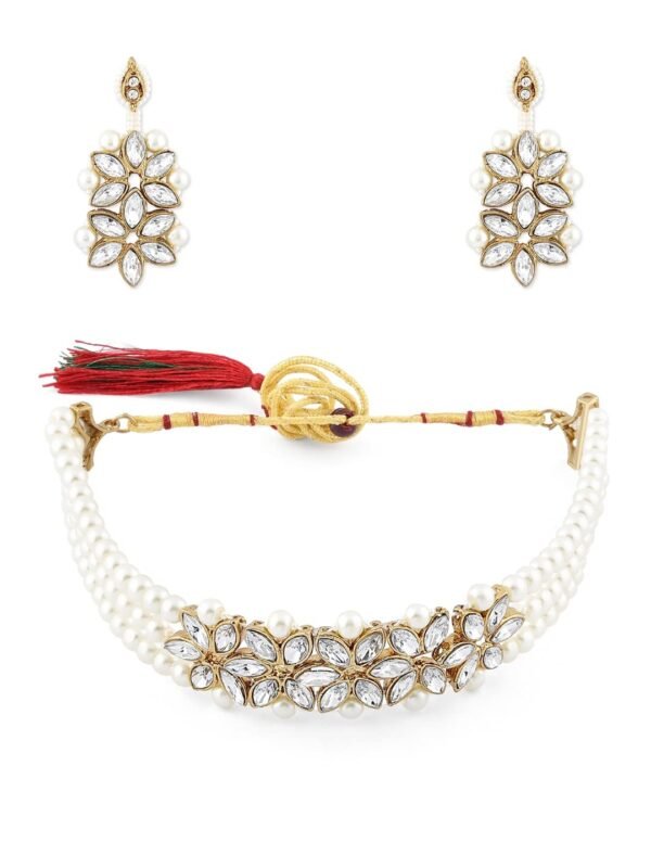 ZAVERI PEARLS Gold Tone Crystal Shine Stones & Multistrand Pearls Choker Necklace & Earring Set For Women-ZPFK10101 - Fast Shipping to USA & Canada