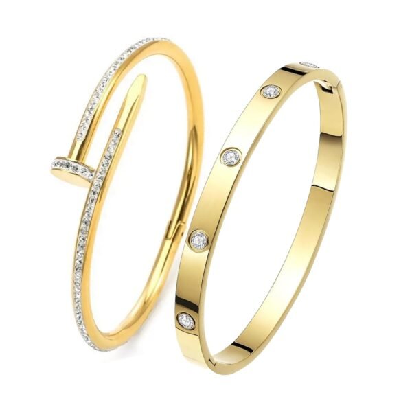 Okos Gold Plated Fashion Jewellery Stainless Steel Anti Tarnish Cuff Band Style Bangle Bracelet And Nail Style Combo Pack of 2 with White CZ Stones For Girls and Women CO0023 - Fast Shipping to USA & Canada