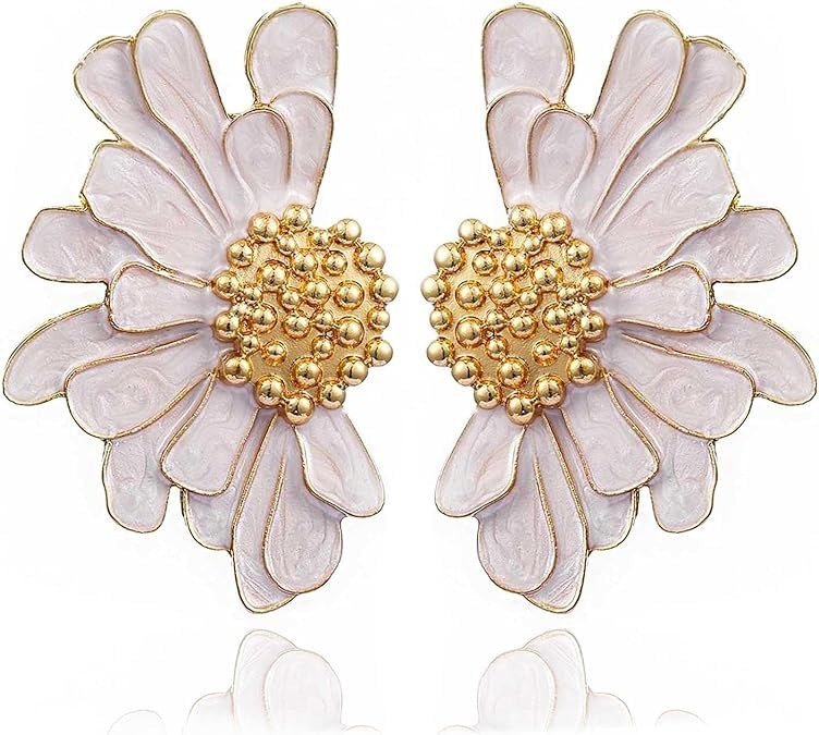 61aOL-GgNFL.jpg El Regalo Oversized Boho Daisy Flower Earrings- Bridal Statement Enameled Vintage Daisy Flowers Earrings For Haldi, Mehndi and Party - Fast Shipping to USA & Canada - Image 1