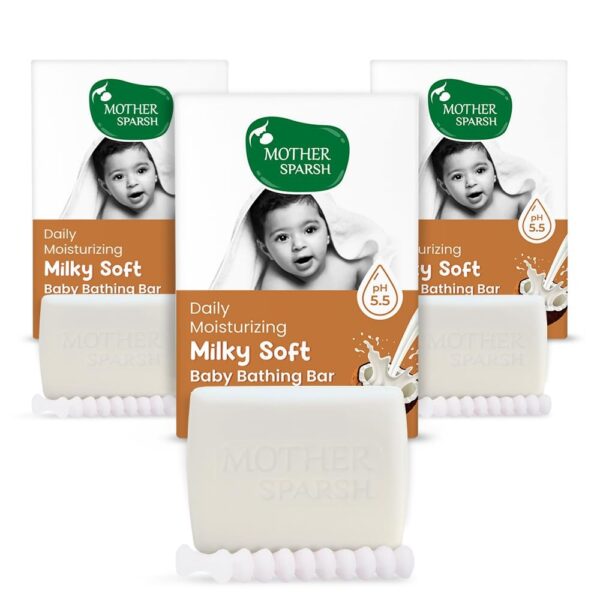 Mother Sparsh Moisturizing Milky Baby Bathing Soap Bar - 75g X 3 | pH 5.5 with Milk, Coconut Oil and Vitamin E, Prevents Dryness & Rashes - Fast Shipping to USA & Canada