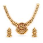 Rubans 22K Gold-Plated Handcrafted Temple Artificial Jewelry Set-Stone Studded with Gold Beads and Matching Earrings For Women and Girls-Lakshmi Motif Perfect for Weddings and Special Occasions - Fast Shipping to USA & Canada