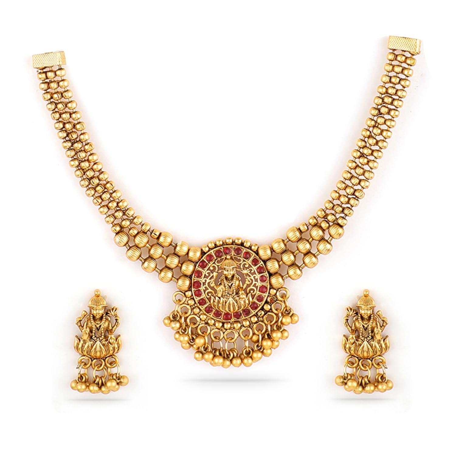 61gejzR32WL.jpg Rubans 22K Gold-Plated Handcrafted Temple Artificial Jewelry Set-Stone Studded with Gold Beads and Matching Earrings For Women and Girls-Lakshmi Motif Perfect for Weddings and Special Occasions - Fast Shipping to USA & Canada - Image 1