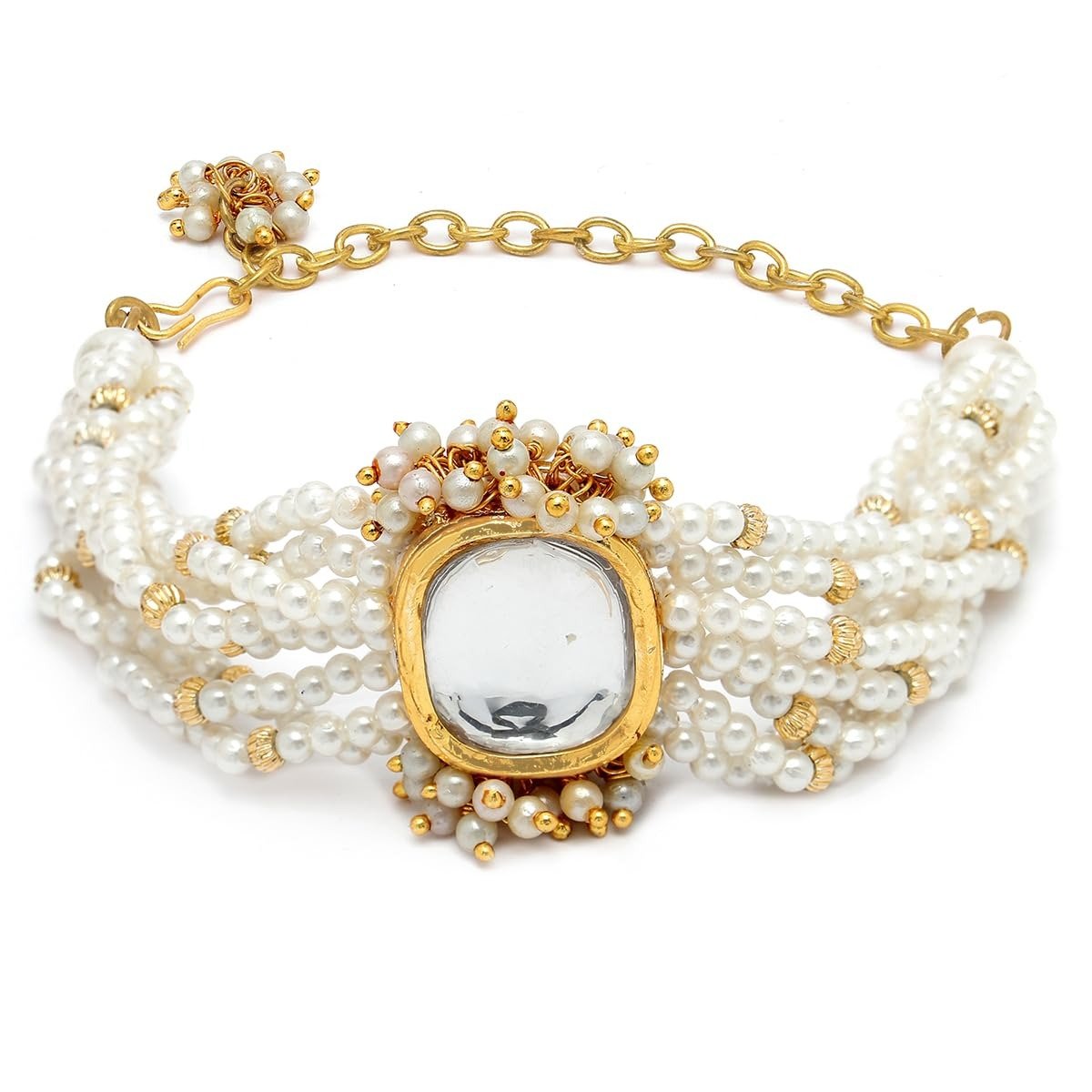 61gv-pT2ePL.jpg Karatcart Golden Polki Kundan Pearl Beaded Bracelet for Women - Fast Shipping to USA & Canada - Image 1