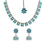 ACCESSHER AcessHer Silver Tone Neckchain With Violet & American Diamond Matching Manngtikka &Earring For Women And Girls, Traditional Jewelry for Weddings - Fast Shipping to USA & Canada