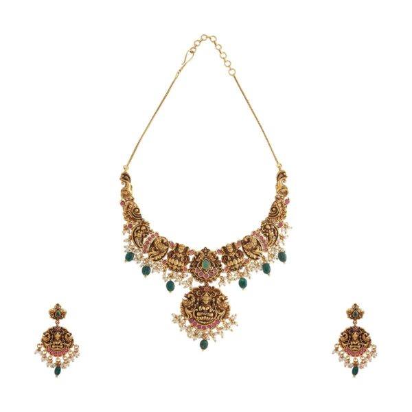KUSHAL'S Fashion Jewellery Ruby-Green Gold Polished Antique Necklace With Push Back Hanging Earrings|Best For Bride, Bridemaids & Special Occasion | Antique Necklace Set For Women - 433522 - Fast Shipping to USA & Canada