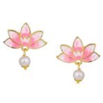 Estele Jewellery Fashion Earrings for Women Gold Plated Lotus Designer Elegant Pink and White Enamel Pearl Drop Earrings Versatile Chic for Women & Girls - Fast Shipping to USA & Canada