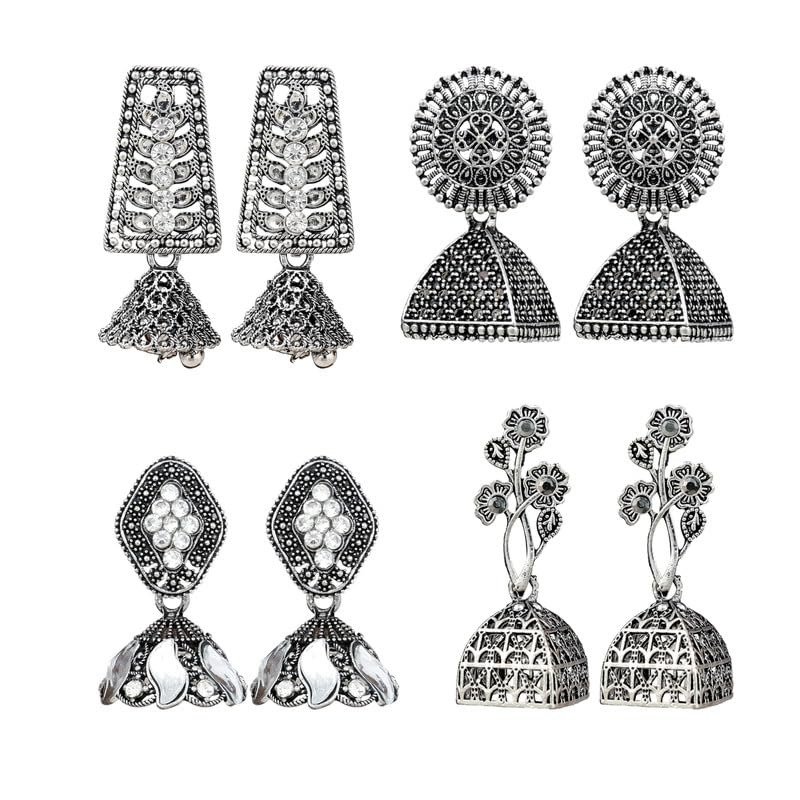 61s8-a848fL.jpg Fashion Frill Silver Oxidised Earrings Jhumka Set For Women Girls Stylish Traditional Pearl Small Jhumki Earings Pair Combo Of 4 - Fast Shipping to USA & Canada - Image 1