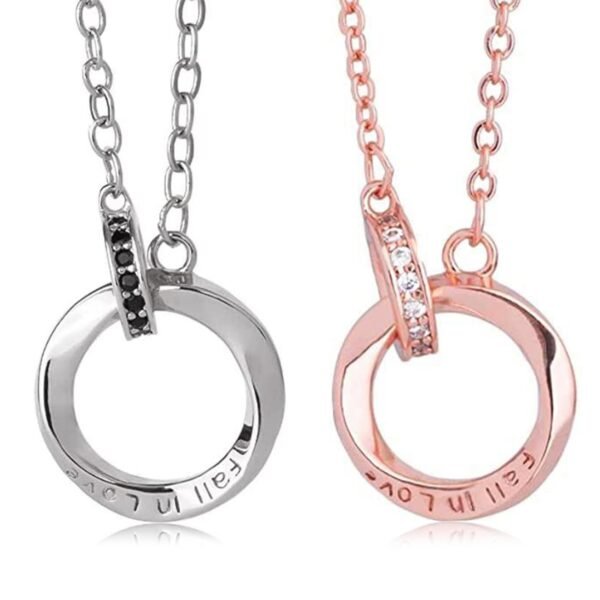 Peora Silver & Rose Gold Plated FALL IN LOVE Round Interlock Band Ring Style Couple Pendant Chain Necklace for Men & Women - Fast Shipping to USA & Canada