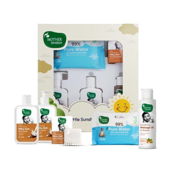 Mother Sparsh Gift Set for Babies | Combo Pack of 5 Skin Care Essentials | Includes Wipes, Lotion, Wash, Bathing Bar & Massage Oil - Fast Shipping to USA & Canada