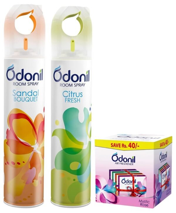 Odonil Room Air Freshner Spray - 440ml Combo (Pack of 2, 220ml each) & Odonil Bathroom Air Freshener Blocks Mixed Fragrances - 192g (48g*4) COMBO - Fast Shipping to USA & Canada