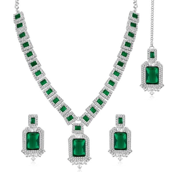 Peora Silver Plated Crystal & Cubic Zirconia Studded Necklace Earrings Maangtikka Set Fashion Jewellery Gift for Women & Girls - Fast Shipping to USA & Canada
