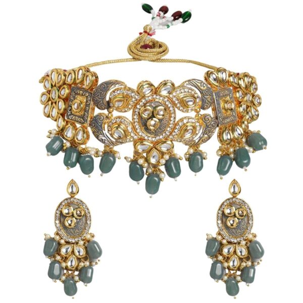 ACCESSHER Gold Plated Vilandi Kundan & AD Grey Enamel Choker Set with Earrings - Fast Shipping to USA & Canada