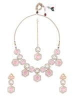 ZAVERI PEARLS Pink Stones Dazzling Austrian Diamonds Embellished Necklace Earring & Maangtikka Set For Women-ZPFK17785 - Fast Shipping to USA & Canada