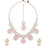 ZAVERI PEARLS Pink Stones Dazzling Austrian Diamonds Embellished Necklace Earring & Maangtikka Set For Women-ZPFK17785 - Fast Shipping to USA & Canada